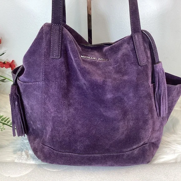 MICHAEL KORS ASHBURY HIPPIE BOHO SLOUCHY RAW SUEDE LEATHER HANDBAG VIOLET - Picture 5 of 15